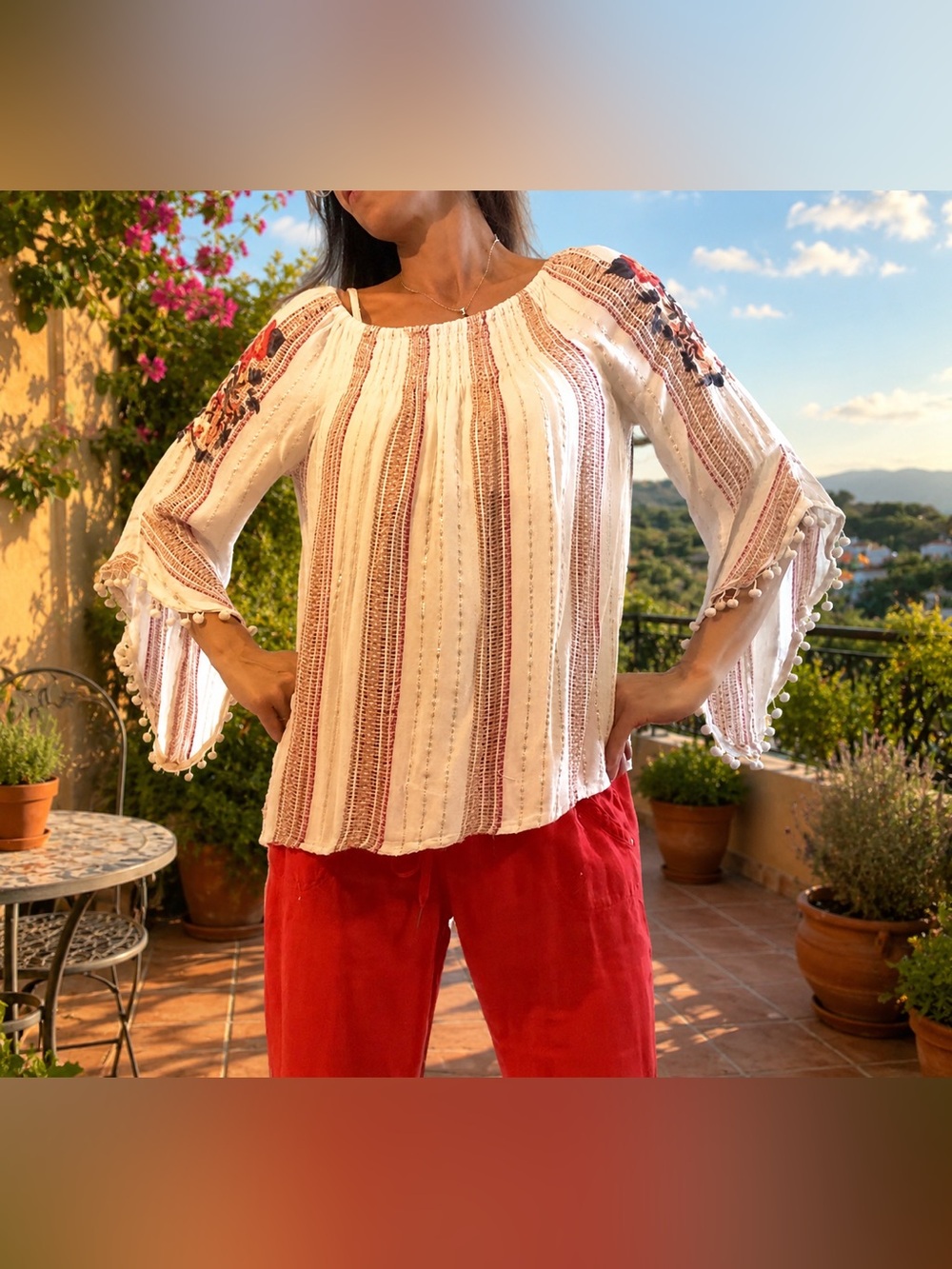 Studio West Embroidered Boho Peasant Blouse Pom Pom Bell Sleeve Medium